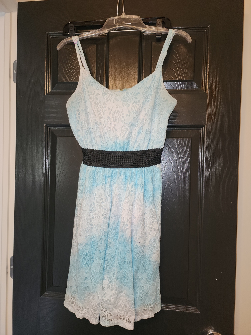Soprano Light Blue Lace Mini Dress with Black Waistband